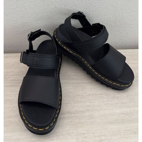 Dr. Martens Women Sz 8 Voss Mono Hydro BLACK Leather Sandals - Picture 1 of 13
